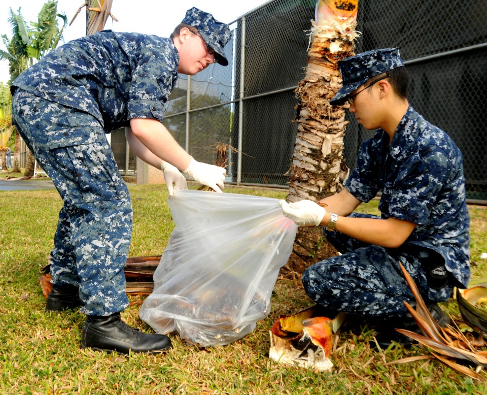 US Navy 100309-N-7498L-001 Gas Turbine System Mechanic Fireman Justin Munger, left, and Fire Controlman 2nd Class Justin Wong gather leaves and debris during the Joint Base Pearl Harbor-Hickam installation-wide base cleanup