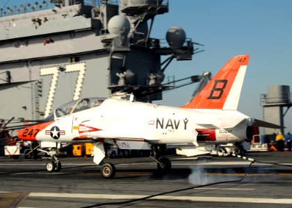US Navy 100308-N-7908T-375 A T-45B Goshawk training aircraft assigned to Training Wing (TRAWING) 2 lands aboard the aircraft carrier USS George H.W. Bush (CVN 77)