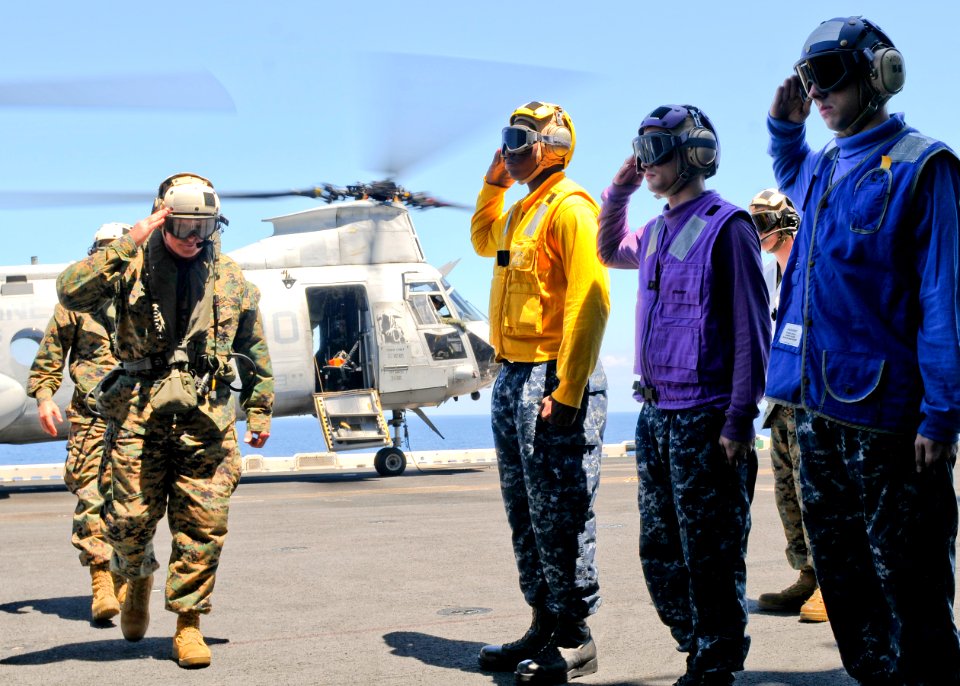 US Navy 100313-N-9950J-019 Maj. Gen. Raymond Fox boards USS Essex (LHD 2)