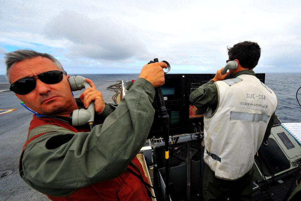 US Navy 100310-N-2953W-593 An Argentina navy officer stands watch on the landing signal officer platform aboard USS Carl Vinson (CVN 70)