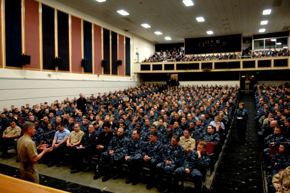 US Navy 100308-N-9818V-013 Master Chief Petty Officer of the Navy (MCPON) Rick West takes questions from Sailors during an all-hands call at the Sky Warrior Theater at Naval Air Station Whidbey Island