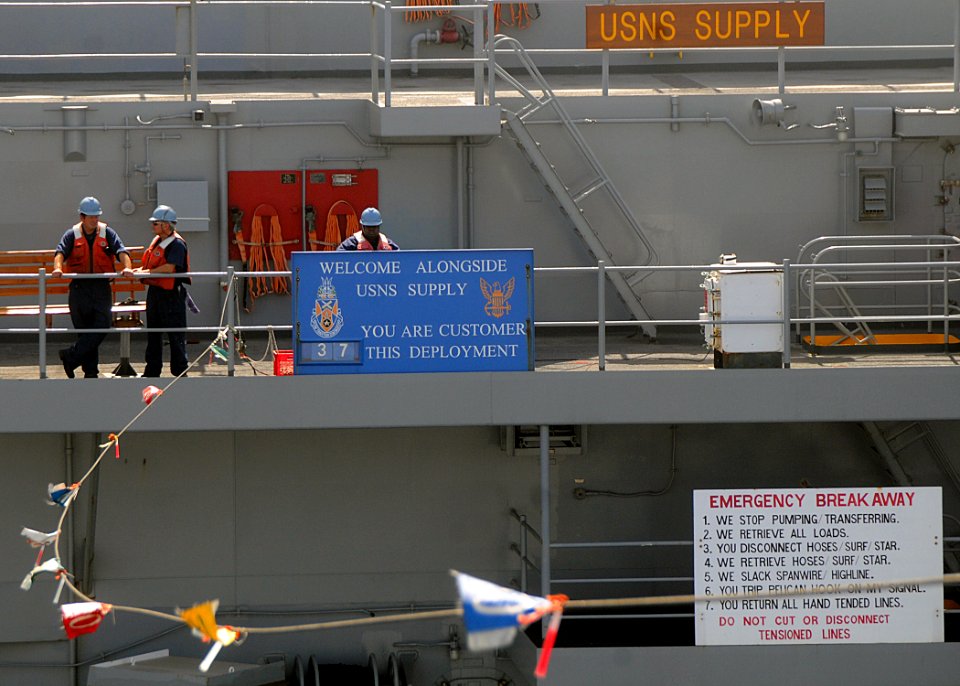 US Navy 100310-N-1082Z-012 Sailors observe the phone and distance line from the Military Sealift Command fast combat support ship USNS Supply (T-AOE 6) during a replenishment at sea