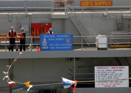 US Navy 100310-N-1082Z-012 Sailors observe the phone and distance line from the Military Sealift Command fast combat support ship USNS Supply (T-AOE 6) during a replenishment at sea