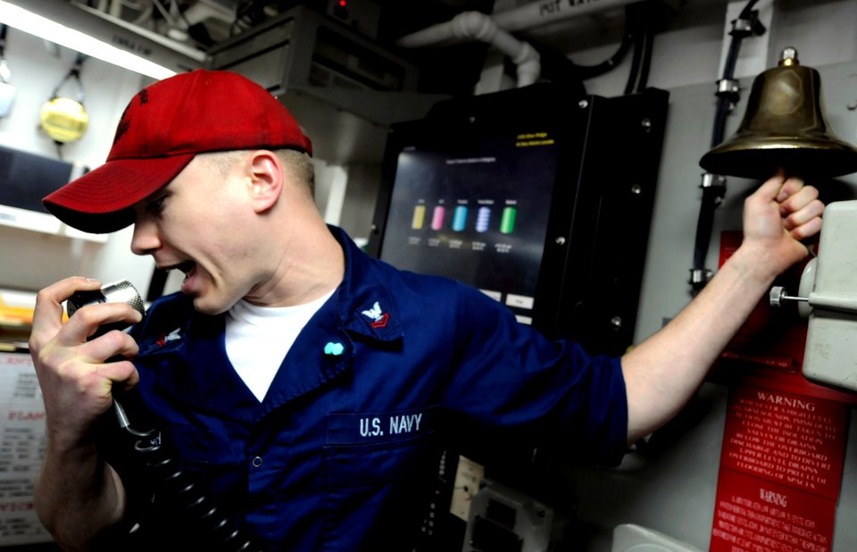 US Navy 100311-N-7280V-203 Hull Maintenance Technician 2nd Class Paris Luh stands damage control central watch aboard USS Blue Ridge (LCC 19)