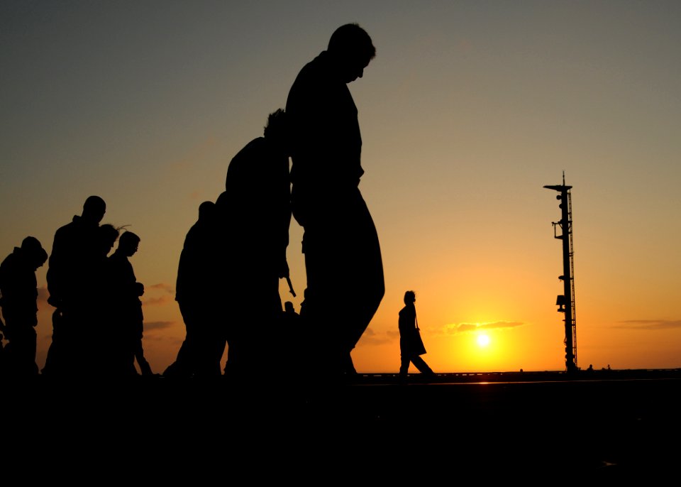 US Navy 100312-N-9793B-081 Sailors assigned to the air department of the aircraft carrier USS George H.W. Bush (CVN 77) conduct a foreign object debris walk-down on the ship's flight deck