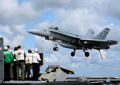 US Navy 100314-N-9116S-289 An F-A-18C Hornet assigned to Strike Fighter Squadron (VFA) 106 lands aboard the aircraft carrier USS George H.W. Bush (CVN 77) photo