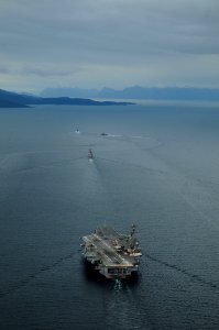US Navy 100315-N-0808V-860 The guided-missile cruiser USS Bunker Hill (CG 52) and the Chilean navy Sa'ar 4-class fast-attack craft Angamos and Casma break away from the aircraft carrier USS Carl Vinson (CVN 70)
