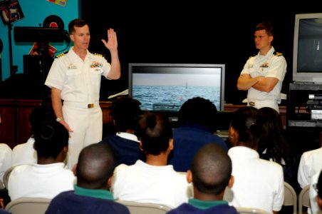 US Navy 100316-N-5366K-011 Capt. Thomas Calabrese talks to 7th and 8th grade students about submarines at Academy Prep Center of Tampa during Tampa Bay Navy Week