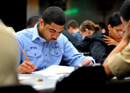 US Navy 100318-N-2013O-003 Logistics Specialist Seaman Ernest Mitchell takes the Navy-wide petty officer 3rd class advancement exam at Commander, Fleet Activities Yokosuka