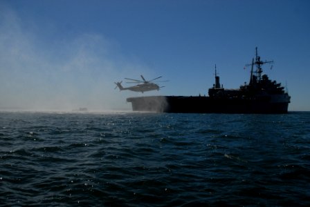 US Navy 100317-N-9706M-155 A CH-53 Sea Stallion helicopter lands on the flight deck of the amphibious transport dock ship USS Dubuque (LPD 8)