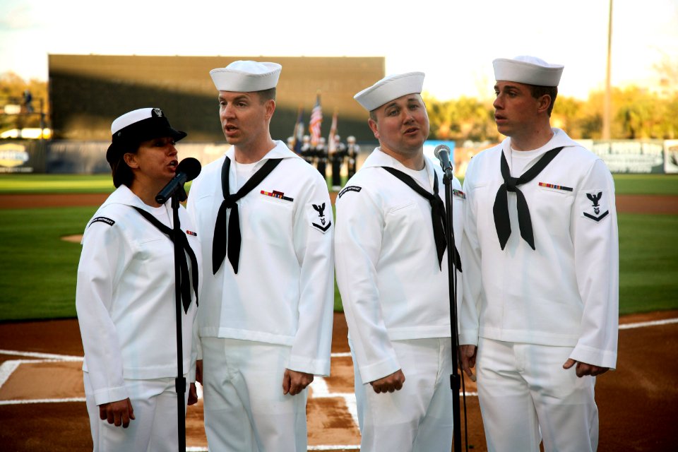 US Navy 100318-N-3271W-181 Members of the U.S. Navy Band, Pride, sing the national anthem before a pre-season game with the Tampa Bay Rays and New York Yankees