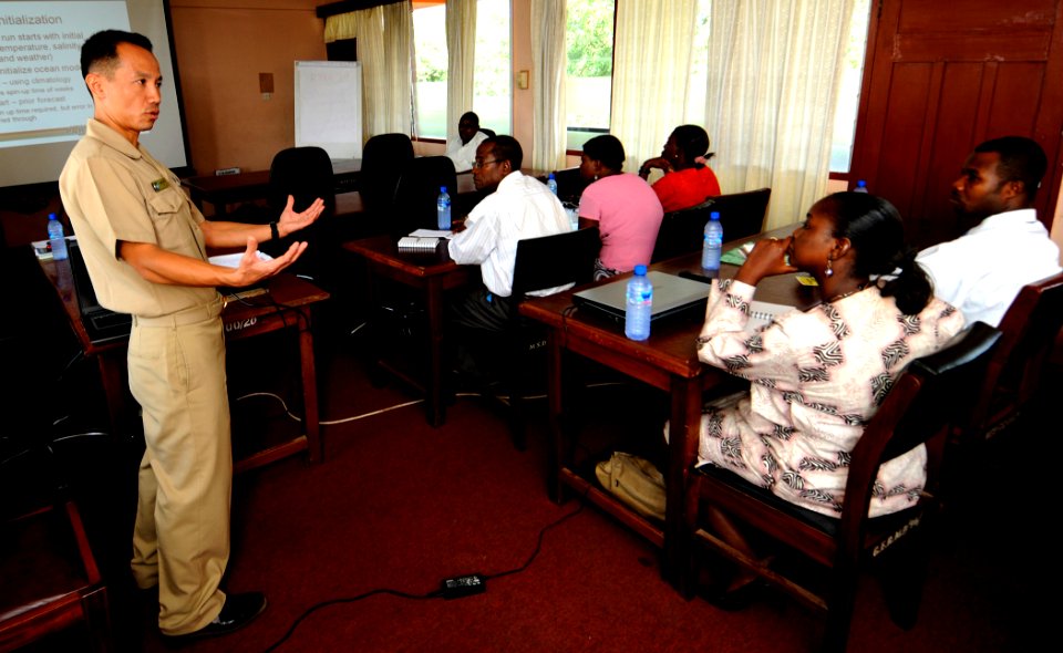 US Navy 100318-N-7948C-017 Lt. Brandon Le, a meteorologist assigned to Africa Partnership Station West, holds a meteorology and oceanography workshop with Ghanaian meteorologists and oceanographers at the Ghana Meteorological A