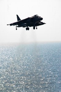 US Navy 100321-N-8936G-008 An AV-8B Harrier assigned to Marine Medium Tiltrotor (VMM) 162 (Reinforced) participates in a hover exercise off the flight deck of the amphibious assault ship USS Nassau (LHA 4)