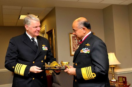 US Navy 100318-N-8273J-083 Chief of Naval Operations (CNO) Adm. Gary Roughead hosts the Chief of Naval Staff of the Pakistan Navy Adm. Noman Bashir during a visit to the Pentagon photo