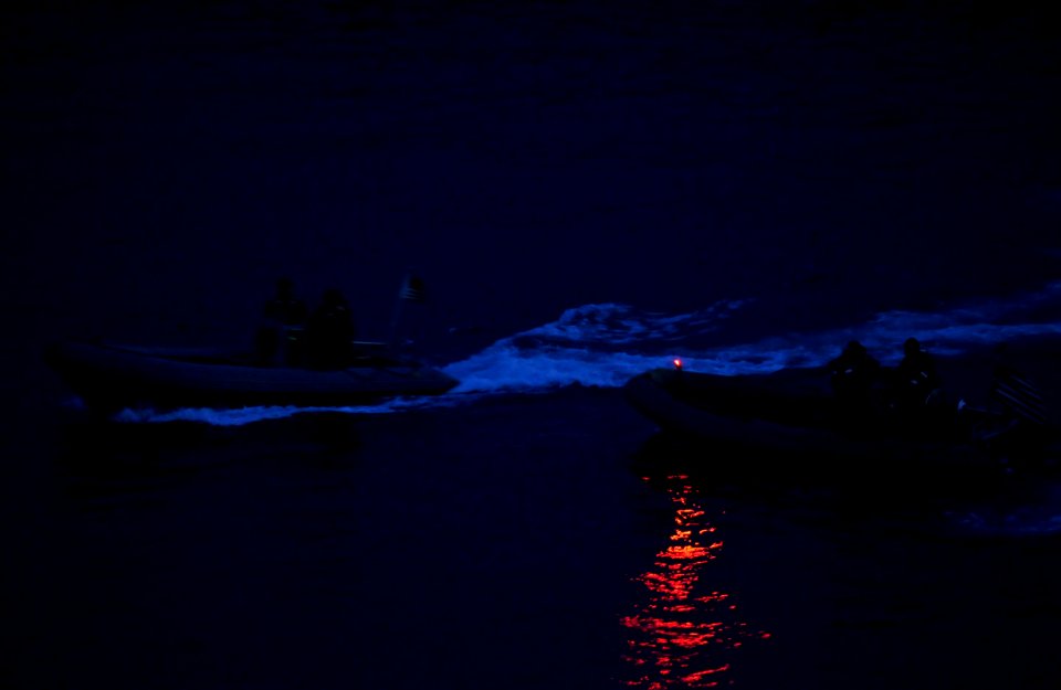US Navy 100318-N-7280V-329 Sailors assigned to the U.S. 7th Fleet command ship USS Blue Ridge (LCC 19) conduct nighttime small-boat attack force protection drills
