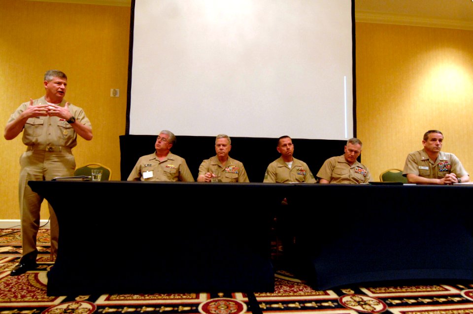 US Navy 100322-N-9818V-310 Master Chief Petty Officer of the Navy (MCPON) Rick West answers questions during a leadership panel at the first Department of the Navy Sexual Assault Response Coordinator Summit