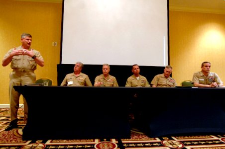 US Navy 100322-N-9818V-310 Master Chief Petty Officer of the Navy (MCPON) Rick West answers questions during a leadership panel at the first Department of the Navy Sexual Assault Response Coordinator Summit