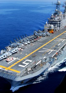 US Navy 100320-N-7948R-591 he amphibious assault ship USS Peleliu (LHA 5) transits the coast of Southern California while conducting a composite training unit exercise