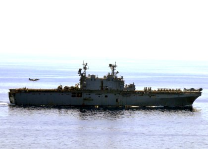 US Navy 100320-N-7948R-362 An AV-8B Harrier prepares to land aboard the amphibious assault ship USS Peleliu (LHA 5). Peleliu is underway conducting a composite training unit exercise