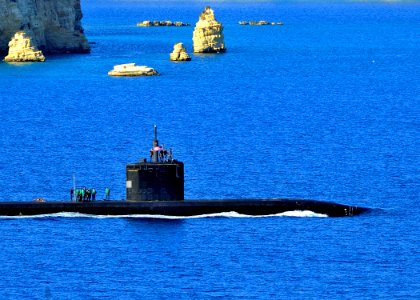US Navy 100320-N-0780F-014 The Los Angeles-class attack submarine USS Annapolis (SSN 760) departs Souda Bay after a routine port visit photo