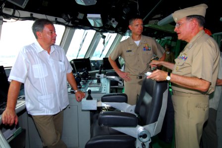 US Navy 100320-N-7058E-100 Adm. Guillermo Barrera talks about the bridge design of USS Freedom (LCS 1) with Colombian Defense Minister Gabriel Silva and Cmdr. Randy Garner