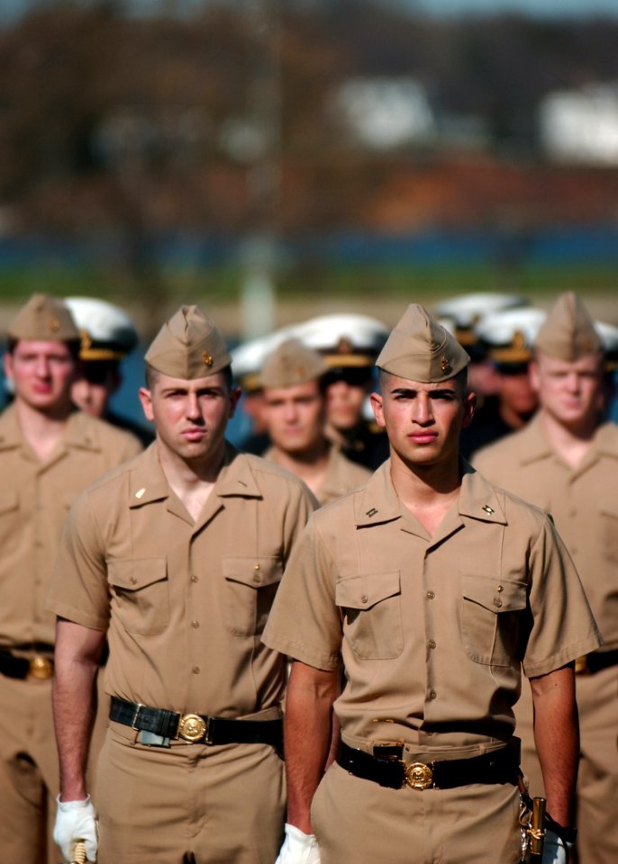 US Navy 100324-N-3857R-044 U.S. Naval Academy Midshipmen participate in a practice parade on the academy campus