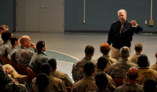 US Navy 100323-N-3548M-105 Chief of Naval Operations (CNO) Adm. Gary Roughead speaks to Sailors attending individual augmentee training at Fort Jackson, S.C photo