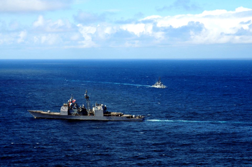 US Navy 100326-N-0808V-098 The guided-missile cruiser USS Bunker Hill (CG 52) and the Peru navy frigate BAP Carvajal (FM 51) perform tactical maneuvering exercises with the aircraft carrier USS Carl Vinson (CVN 70)