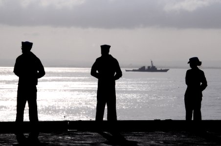US Navy 100326-N-3327M-081 Sailors man the rails on the flight deck of the aircraft carrier USS Nimitz (CVN 68) as the ship transits into its homeport at Naval Base Coronado