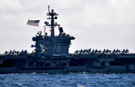 US Navy 100326-N-4774B-176 The Battle Ensign is flown aboard the Nimitz-class aircraft carrier USS Carl Vinson (CVN 70) during an exercise with the Peru navy
