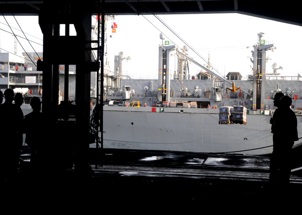 US Navy 100325-N-4236E-092 Sailors receive pallets from USNS Supply (T-AOE 6) during a replenishment at sea