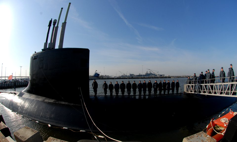 US Navy 100325-N-7705S-016 The crew of the Virginia-class attack submarine Pre-Commissioning Unit (PCU) New Mexico (SSN 779) stand at attention