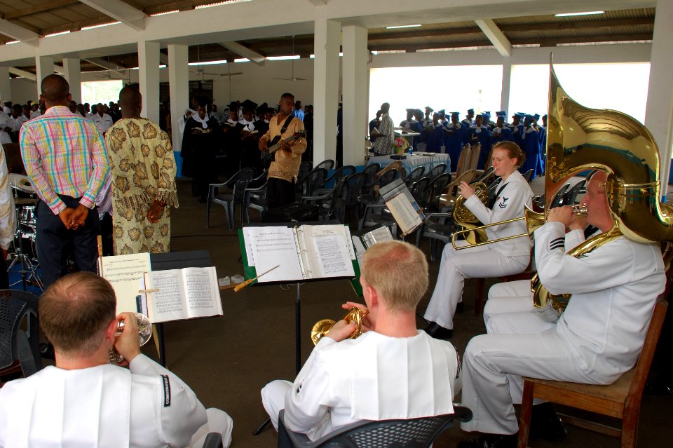 US Navy 100328-N-6138K-486 The U.S. Naval Forces Europe (NAVEUR) Band jazz quintet, Five Star Brass, perform for an audience at the Ghana Navy United Church