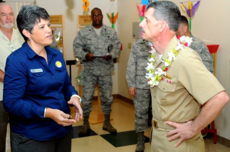 US Navy 100330-N-3666S-002 Vice Adm. Michael Vitale speaks with Kawehi Harano uring a tour of Joint Base Pearl Harbor-Hickam