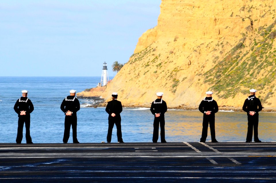 US Navy 100326-N-3327M-103 Sailors man the rails on the flight deck of the aircraft carrier USS Nimitz (CVN 68) as the ship transits into its homeport at Naval Base Coronado