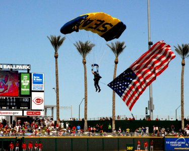 US Navy 100327-N-2389S-115 A member of the elite U.S. Navy Leap Frogs parachute team glides into the Goodyear Ballpark, before an exhibition Diamondback vs. Indians national baseball league game in Phoenix, Ariz photo