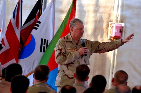 US Navy 100326-N-8273J-200 Chief of Naval Operations (CNO) Adm. Gary Roughead speaks with Sailors, Marines and Navy civilians during an all-hands call at Camp Lemonnier, Djibouti