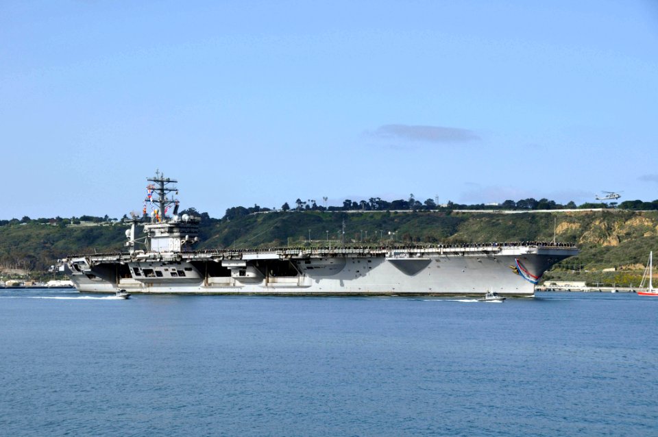 US Navy 100326-N-8421M-011 Sailors man the rails on the flight deck of the aircraft carrier USS Nimitz (CVN 68) as the ship transits into its homeport at Naval Base Coronado