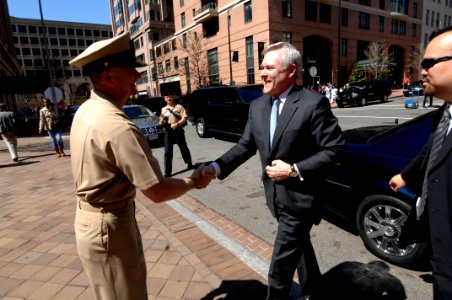 US Navy 100401-N-9818V-089 Master Chief Petty Officer of the Navy (MCPON) Rick West meets the Secretary of the Navy (SECNAV) the Honorable Ray Mabus before the commemoration ceremony for the 117th anniversary of the chief petty