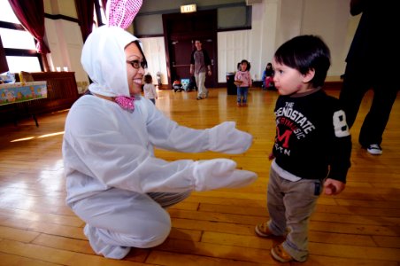US Navy 100403-N-3283P-086 Information Systems Technician 2nd Class Lisa Boutxanyho, assigned to Commander, U.S. Naval Forces Japan, plays the Easter Bunny for children