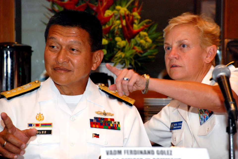 US Navy 100407-N-7095C-049 Rear Adm. Nora Tyson, right, commander of Logistics Group Western Pacific-Task Force 73, and Vice Adm. Ferdinand Golez, Flag Officer in Command of the Philippine Navy start the Southeast Asian Maritim
