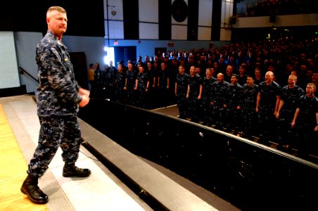 US Navy 100408-N-9818V-254 Master Chief Petty Officer of the Navy (MCPON) Rick West speaks to students from the Naval Submarine School during an all-hands call at Naval Submarine Base New London photo