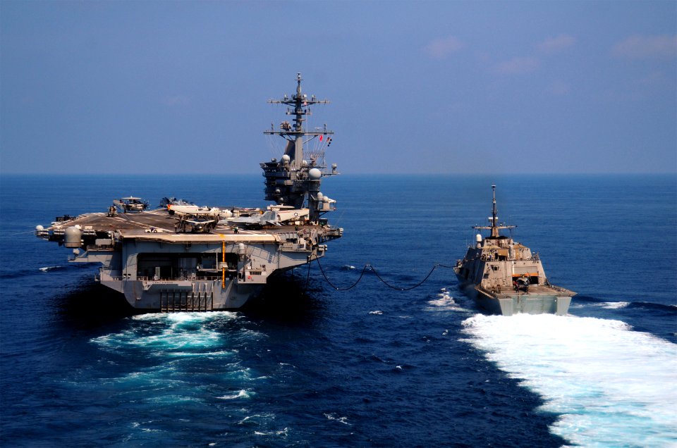 US Navy 100407-N-0808V-229 The littoral combat ship USS Freedom (LCS 1) comes alongside the Nimitz-class aircraft carrier USS Carl Vinson (CVN 70) for a refueling at sea