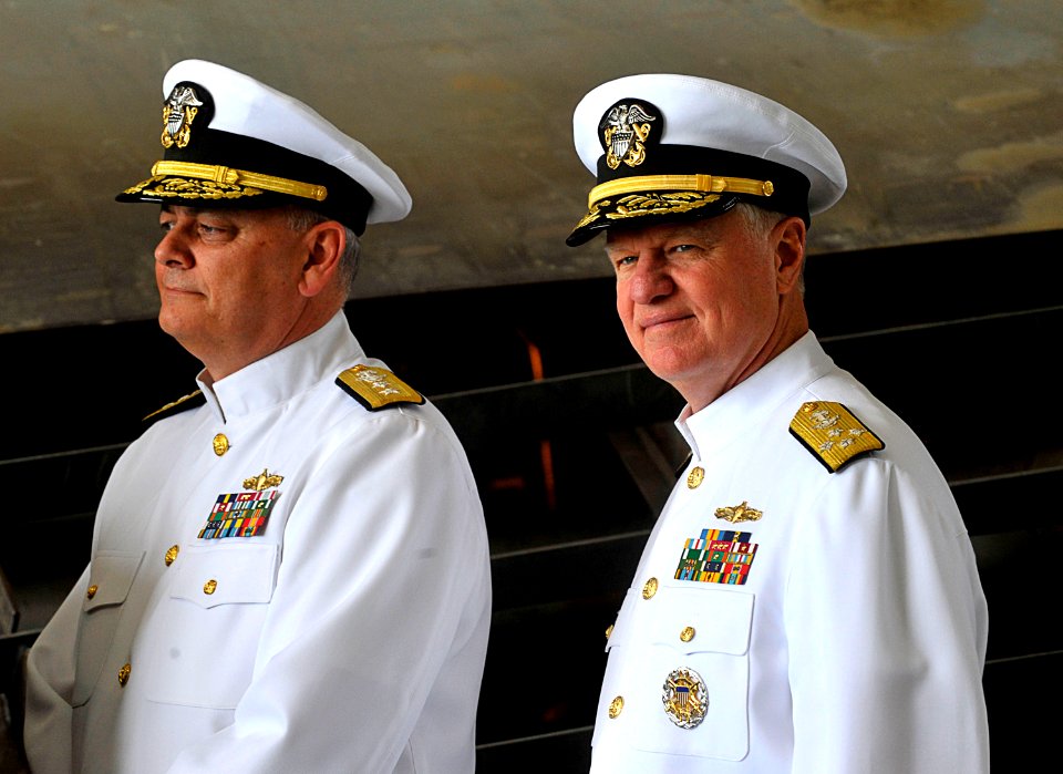 US Navy 100407-N-8273J-023 Rear Adm. William Landay III, left, and Chief of Naval Operations (CNO) Adm. Gary Roughead prepare to take the stage as part of the official party