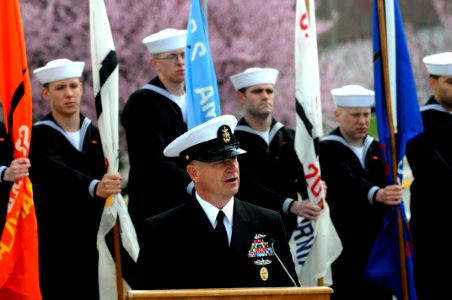 US Navy 100410-N-9818V-214 Master Chief Petty Officer of the Navy (MCPON) Rick West delivers remarks during a memorial service photo