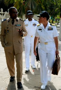 US Navy 100408-N-6676S-039 Senegal army Col. Antoine Wardini, left, speaks with Capt. Cindy Thebaud, commander of Africa Partnership Station (APS) West
