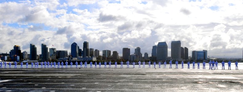 US Navy 100412-N-2953W-145 Sailors aboard the Nimitz-class aircraft carrier USS Carl Vinson (CVN 70) man the rails as the ship transits Turning Basin toward its new homeport of Naval Air Station North Island in San Diego
