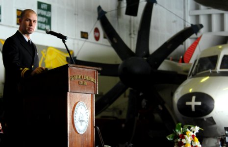 US Navy 100407-N-1688B-170 Lt. Jeremy Arnott, speaks during a memorial service for his friend and fellow pilot, Lt. Steven Zilberman, aboard the aircraft carrier USS Dwight D. Eisenhower (CVN 69)