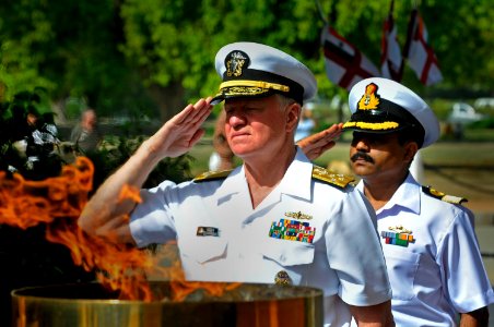 US Navy 100412-N-8273J-125 Chief of Naval Operations (CNO) Adm. Gary Roughead renders honors during a wreath laying ceremony at Amar Jawan Jyoti in New Delhi