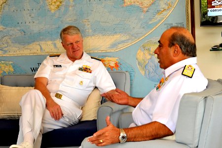 US Navy 100413-N-8273J-131 Chief of Naval Operations (CNO) Adm. Gary Roughead meets with Vice Adm. Sanjeev Bhasin in Mumbai, India